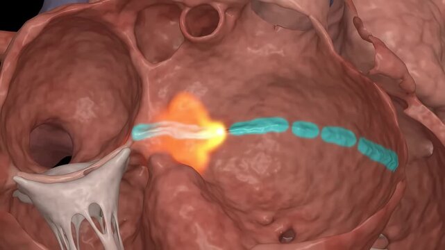 3D medical education illustration showing cardiac ablation and electrical pathway propagation block inside a human heart atrium