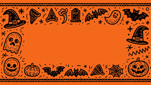 Spooky panoramic line art frame featuring classic Halloween decorative elements, holiday design concept, with copy space