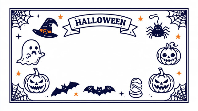 Spooky panoramic line art frame featuring classic Halloween decorative elements, holiday design concept, with copy space