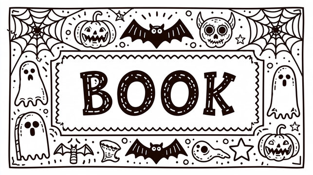 Spooky panoramic line art frame featuring classic Halloween decorative elements, holiday design concept, with copy space