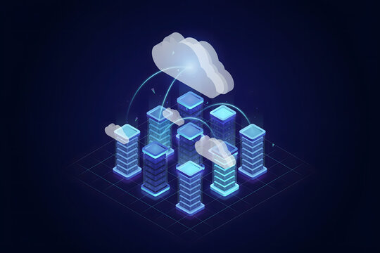 Isometric cloud computing network with interconnected server towers and glowing data streams on a dark blue background, for digital infrastructure