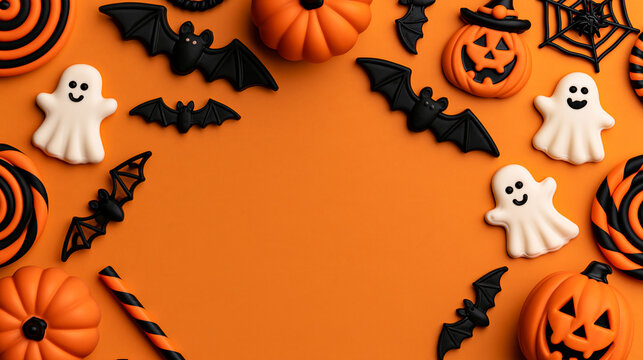 Festive Halloween flat lay featuring bats, ghosts, and decorations arranged on an orange background, holiday greeting card concept, with copy space