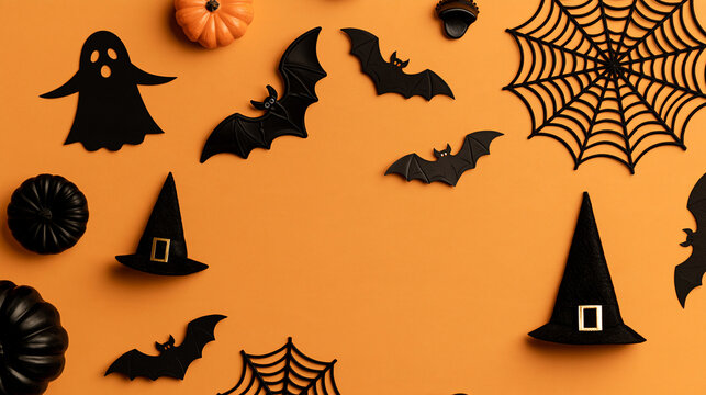 Festive Halloween flat lay featuring bats, ghosts, and decorations arranged on an orange background, holiday greeting card concept, with copy space