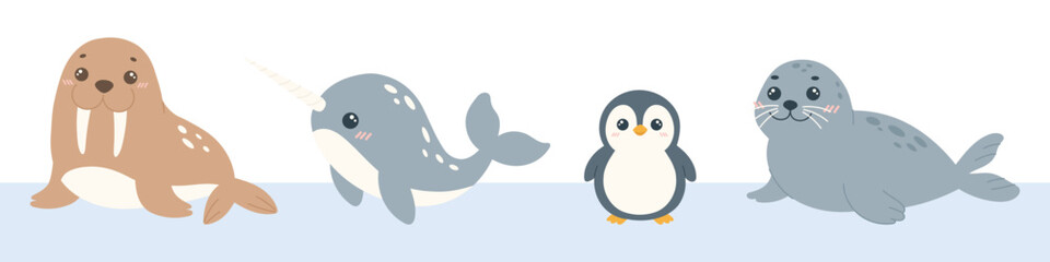 Cute cartoon set of arctic sea animals including walrus, narwhal whale, penguin, and harp seal isolated on light blue background for ocean wild life design. © Elena