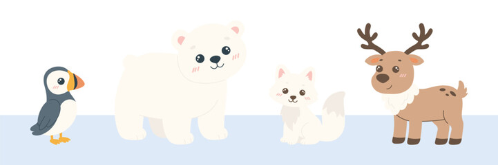 Obraz premium Cute cartoon set of arctic animals including puffin bird, polar bear, arctic fox, and reindeer deer isolated on light blue background for winter wildlife design.