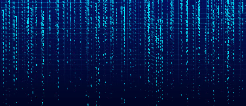 Blue binary code rain with glowing zero and one digits on digital grid, futuristic technology background for cybersecurity, programming, data encryption and information processing.