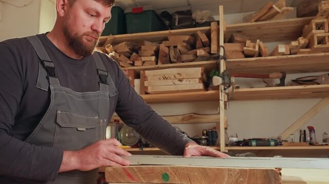 Man wearing dark clothing and gray overalls works at wooden workbench. Man holds yellow pencil in one hand while using other to steady or interact with tools including measuring against wood