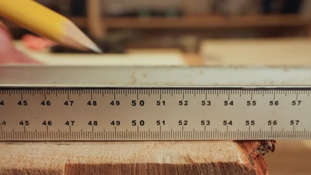 Close up focus reveals rough texture and distinct grain of wooden board with natural edge. metal ruler is placed across its surface indicating measurement activity within implied workshop