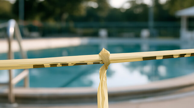 Yellow caution tape blocking access to a closed outdoor swimming pool during restriction period, quarantine concept, selective focus view