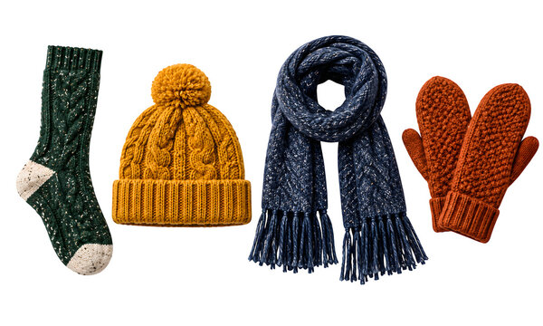 Knitted winter accessories set, wool beanie hat, warm scarf and mittens isolated on Transparent Background