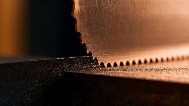 Close-up view of sharp metal saw blade cutting dark material in industrial workshop, featuring warm lighting and sharp equipment focus.x