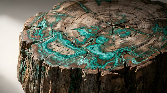 Natural petrified wood cross section with turquoise malachite mineral inlay swirls