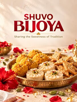 Shuvo Bijoya traditional celebration banner with assorted delicious bengali sweets and ladoo