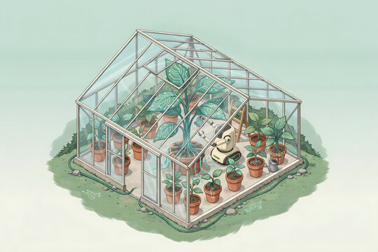 Isometric of a small robot watering a large central plant inside a glass greenhouse with many potted plants on light background