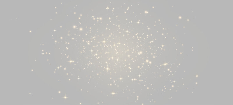 Golden sparkling dust and glowing star particles on png background. Festive glitter light burst overlay for holiday design