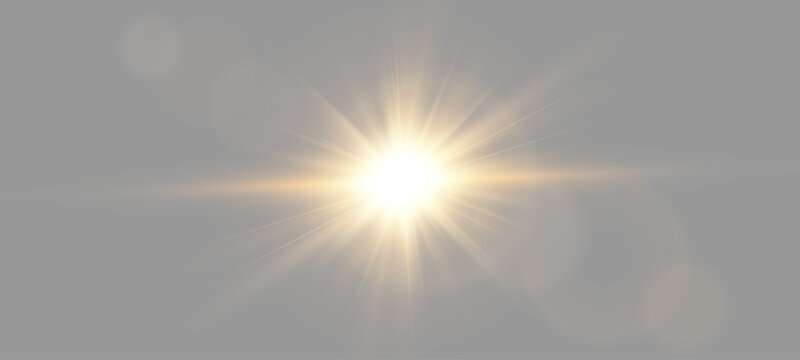 Golden sun lens flare with shining rays and starburst effect. Bright optical light flash overlay on transparent background