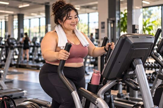 Plus size Asian woman exercising on elliptical machine at gym