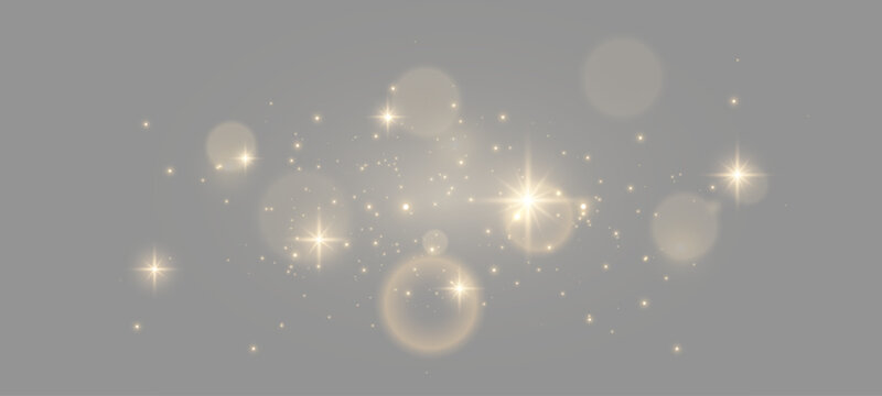 Glowing golden light effect with sparkling stars and bokeh. Abstract shiny particles and glitter overlay on png background