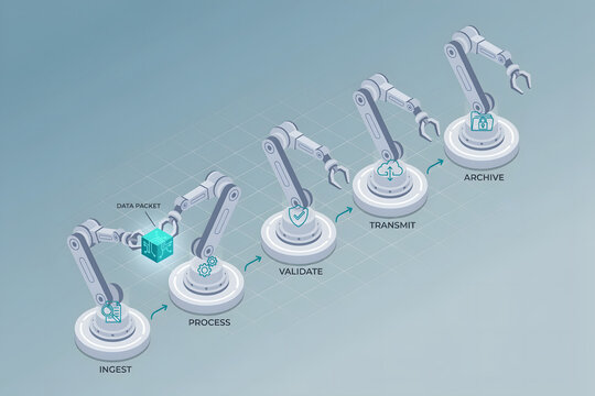 Isometric of robotic arms in a sequence showing data management steps with on a light blue background, for tech concepts