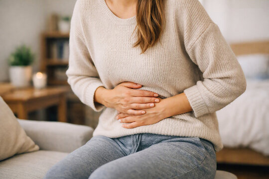 Young Woman Holding Her Stomach in Pain at Home