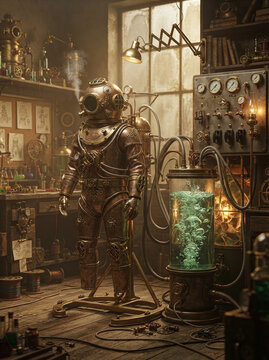 Vintage steampunk diving suit inside a scientist laboratory workshop