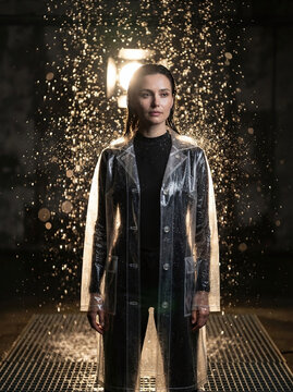 Woman wearing a transparent raincoat under heavy water splash and light