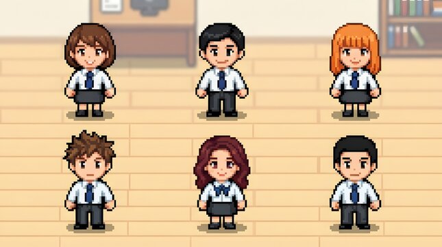 Pixel Art Student Characters Standing in a School Hallway for Educational Game Design