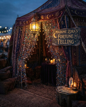 Mystic fortune teller tent with wooden sign and tarot cards