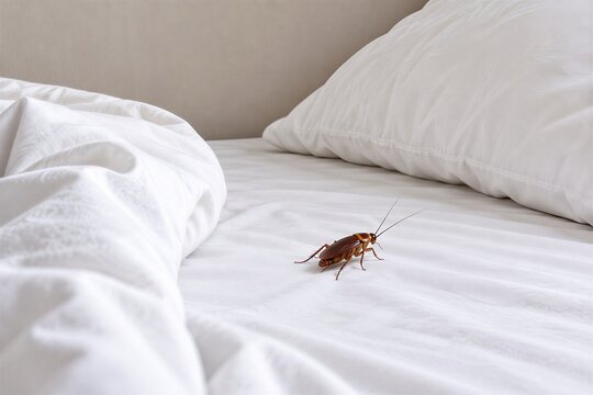 A cockroach crawling on a white sheet, pest infestation in the home, hygiene problems and sanitary risks in the bedroom, a crumpled pillow and bedding