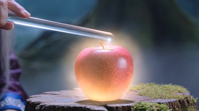 A witch in black clothes is enchanting an apple with a magic wand in the forest