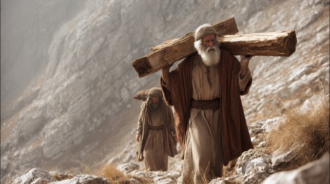 Isaac Carrying Wood Up Mount Moriah as Abraham Walks Behind Him in a Biblical Trial of Faith