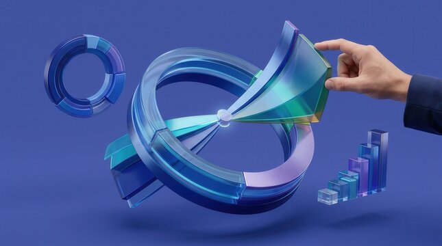 Human hand adjusting glowing circular rotating abstract digital interface