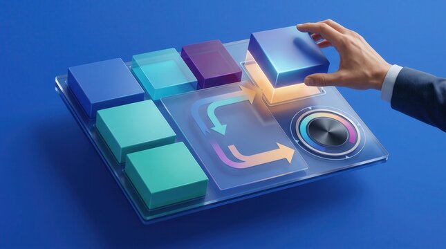 Human hand placing glowing geometric building block into digital interface