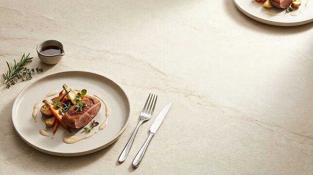 Elegant food presentation with a colorful salad and delicate plating on a neutral background