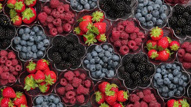 Fresh Blueberries, Blackberries, Raspberries, and Strawberries Arranged in Containers Flat Lay Top View Concept of Healthy Diet