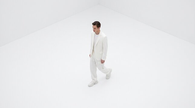 A man in a white suit walks alone in a minimalist, all-white room, creating a sense of isolation and purity.