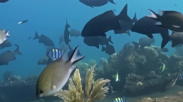 Schooling Reef Fish Swim near a Coral Reef in Blue Water. An underwater view with cool blue tones shows fish moving with visible reef structure, documenting marine habitat and biodiversity.