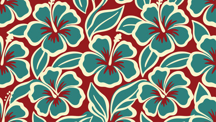 Seamless tropical hibiscus floral pattern with teal flowers and leaves on a dark red background, vintage Hawaiian aloha shirt style graphic design for textile and wrapping paper. © Robich Art