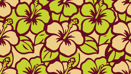 Seamless tropical hibiscus floral pattern featuring lime green and beige blossoms with bold dark maroon outlines. This decorative botanical design is ideal for summer textiles and wallpapers. © Robich Art