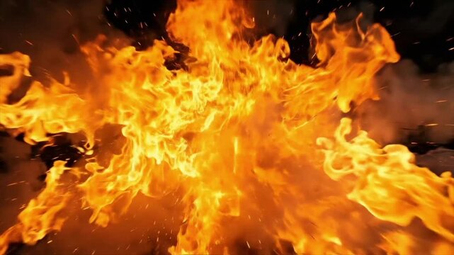 Cinematic Fire Explosion Burst with Fiery Orange Flames, Smoke and Flying Sparks on Dark Background, Powerful Energy VFX for Logo Reveal, Sports Intro, Action Titles and Video Openers