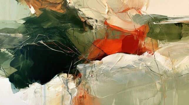 Abstract oil painting canvas texture with bold expressive brush strokes of deep green sage orange red and neutral beige tones, contemporary modern fine art background for wallpaper interior print