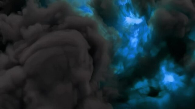 Dark Smoke Explosion with Intense Electric Blue Glow, Atmospheric Vapor and Energy Burst, Futuristic VFX Element for Logo Reveal, Gaming Intro, Sci Fi Titles and Cinematic Openers