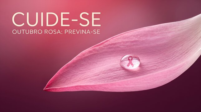Pink flower petal with water drop containing ribbon and text Take Care Pink October Prevent Yourself - breast cancer awareness, self-care, nature, health campaign with Portuguese text
