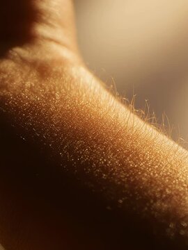 Extreme macro shot of human arm skin with goosebumps and fine hair rising, emotional sensation concept, warm golden light, AI-generated