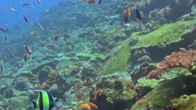 Schooling Reef Fish Swim over a Coral Garden. A well-lit underwater view emphasizes coral texture and mixed reef colors as fish move through the reef, documenting marine habitat and biodiversity.
