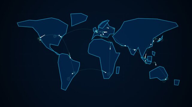 Static shot of stylized geometric world map with animated airplanes flying along global travel routes