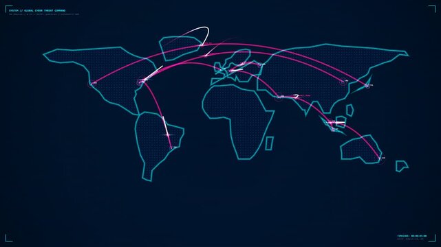 Static shot of futuristic HUD world map displaying cyber threat carrier trajectories and global network nodes