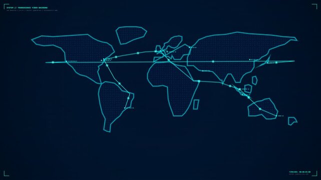 Static shot of futuristic HUD world map with cyan transmission fiber network lines and global data connectivity