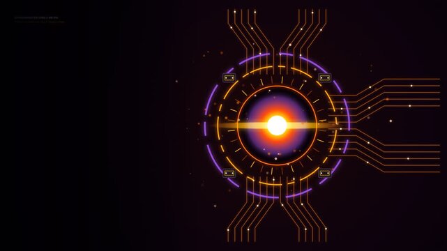 Close up static shot of glowing orange artificial intelligence circular core reactor with animated circuit traces