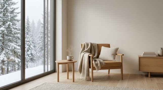Empty minimal cozy living room with wooden armchair and warm blanket near large window with winter forest view.